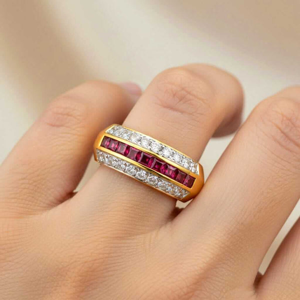 Vintage Ruby Diamond Band 18K Gold Wedding Stacking Ring - Boylerpf