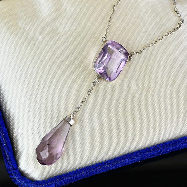 Art Deco Silver Amethyst Dangle Pendant Necklace - Boylerpf