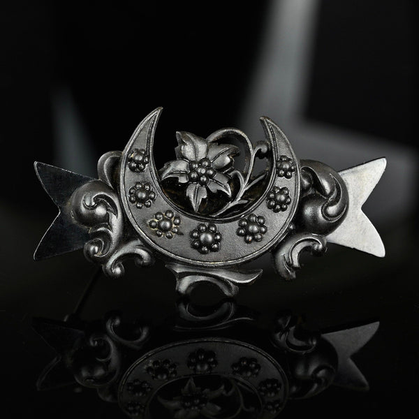 Antique Bog Oak Forget Me Not Floral Crescent Moon Brooch - Boylerpf