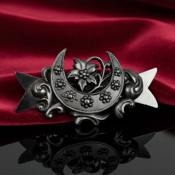 Antique Bog Oak Forget Me Not Floral Crescent Moon Brooch - Boylerpf