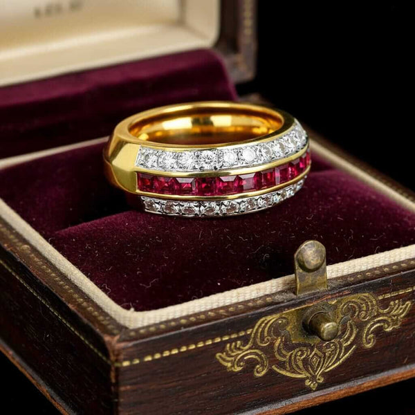 Vintage Ruby Diamond Band 18K Gold Wedding Stacking Ring - Boylerpf
