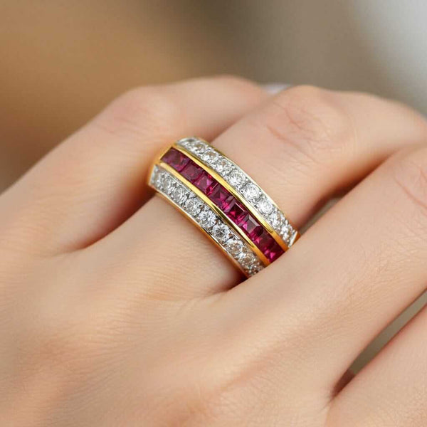 Vintage Ruby Diamond Band 18K Gold Wedding Stacking Ring - Boylerpf