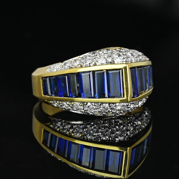 18K Gold Diamond Cluster Baguette Sapphire Ring