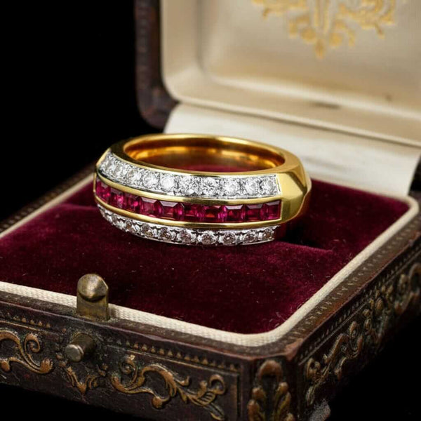 Vintage Ruby Diamond Band 18K Gold Wedding Stacking Ring - Boylerpf