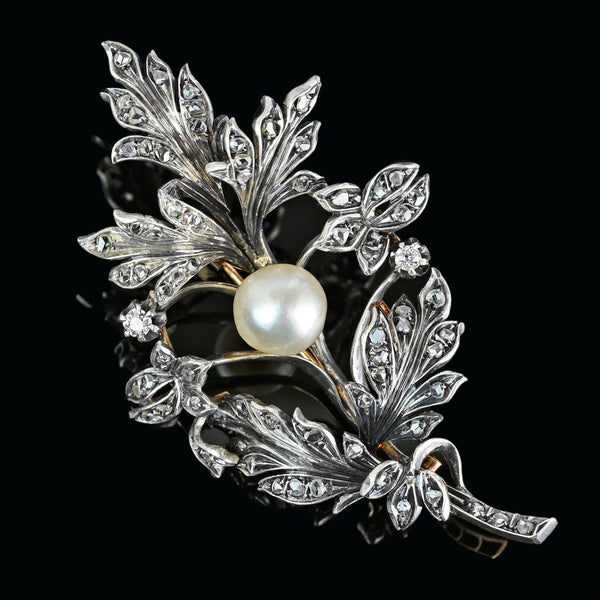 Large Antique French 18K Gold Pearl Diamond Brooch - Boylerpf