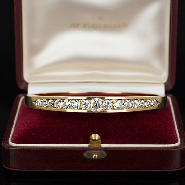 Antique Edwardian 3.25ct Old Mine Cut Diamond Gold Bangle