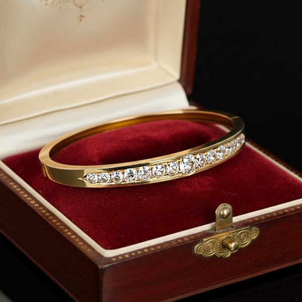 Antique Edwardian 3.25ct Old Mine Cut Diamond Gold Bangle