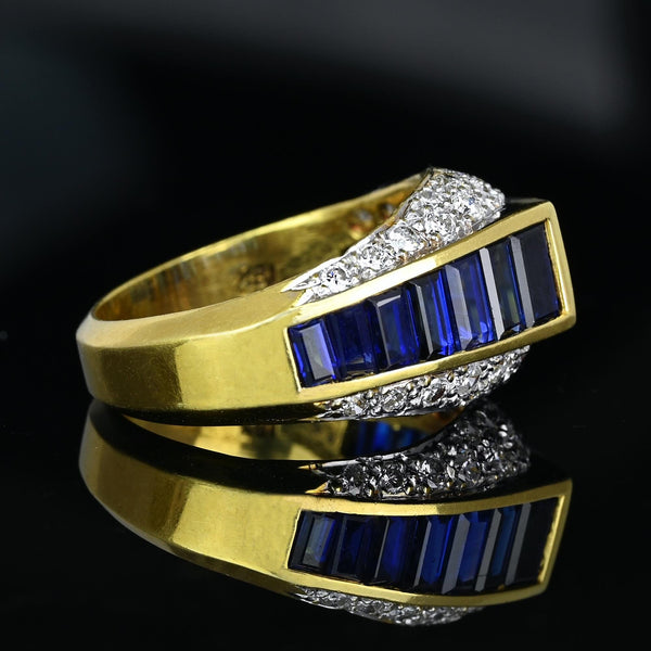 18K Gold Diamond Cluster Baguette Sapphire Ring