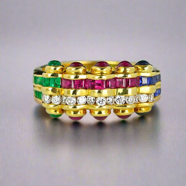 18K Gold Emerald Ruby Sapphire Diamond Tutti Frutti Ring Band - Boylerpf