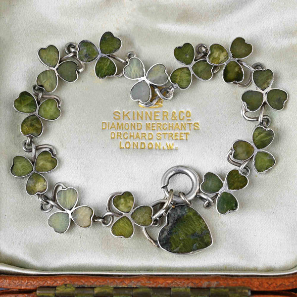 Antique Connemara Marble Shamrock Bracelet w Heart Padlock - Boylerpf