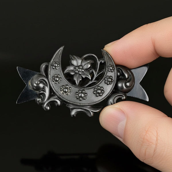 Antique Bog Oak Forget Me Not Floral Crescent Moon Brooch - Boylerpf