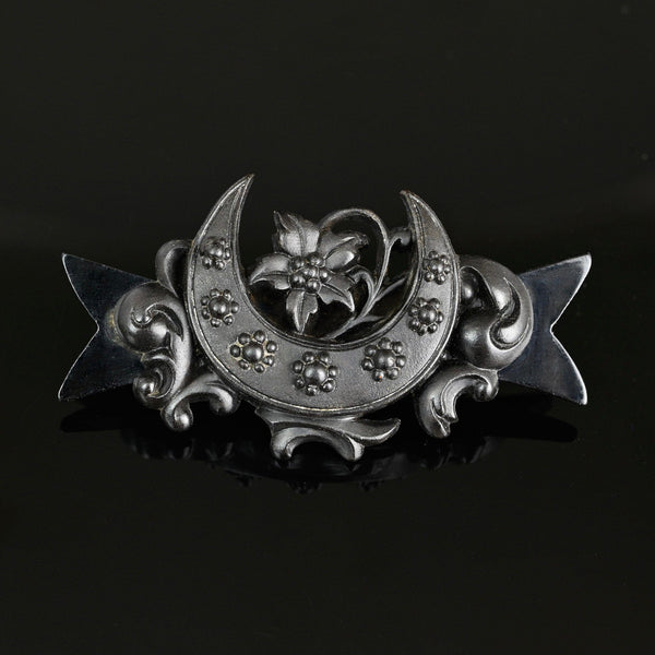 Antique Bog Oak Forget Me Not Floral Crescent Moon Brooch - Boylerpf