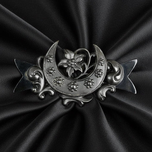 Antique Bog Oak Forget Me Not Floral Crescent Moon Brooch - Boylerpf