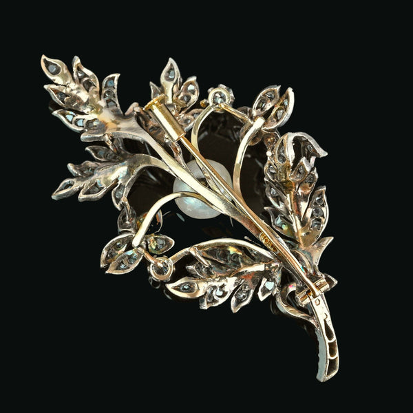 Large Antique French 18K Gold Pearl Diamond Brooch - Boylerpf