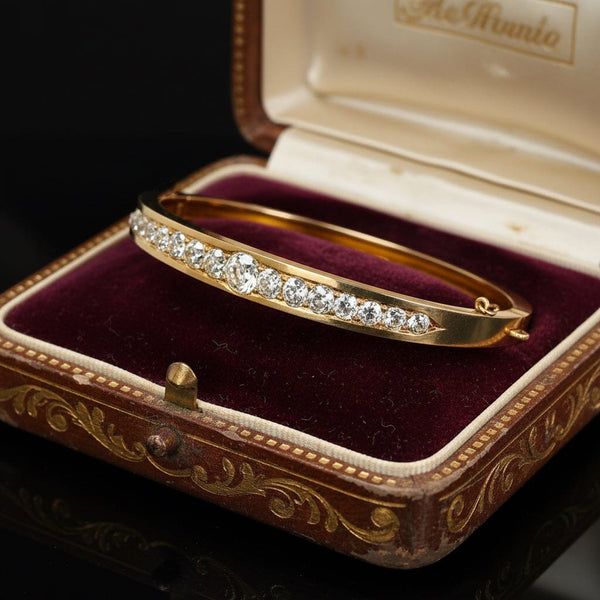 Antique Edwardian 3.25ct Old Mine Cut Diamond Gold Bangle
