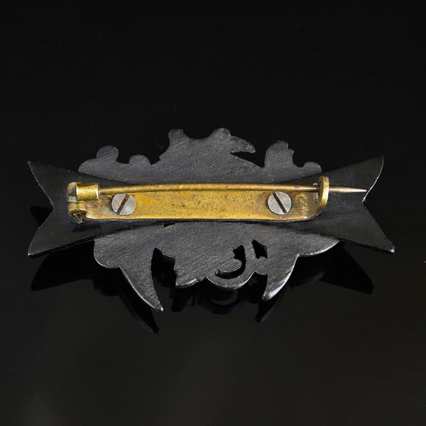 Antique Bog Oak Forget Me Not Floral Crescent Moon Brooch - Boylerpf