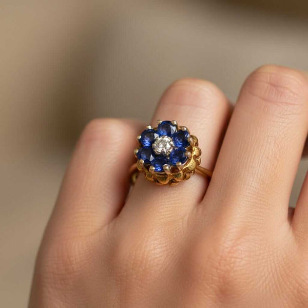 Vintage 14K Gold Sapphire Diamond Thistle Cluster Ring - Boylerpf