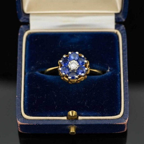 Vintage 14K Gold Sapphire Diamond Thistle Cluster Ring - Boylerpf
