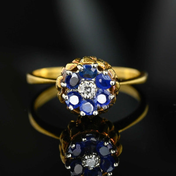 Vintage 14K Gold Sapphire Diamond Thistle Cluster Ring - Boylerpf