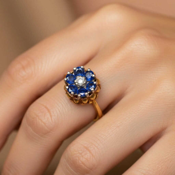 Vintage 14K Gold Sapphire Diamond Thistle Cluster Ring - Boylerpf