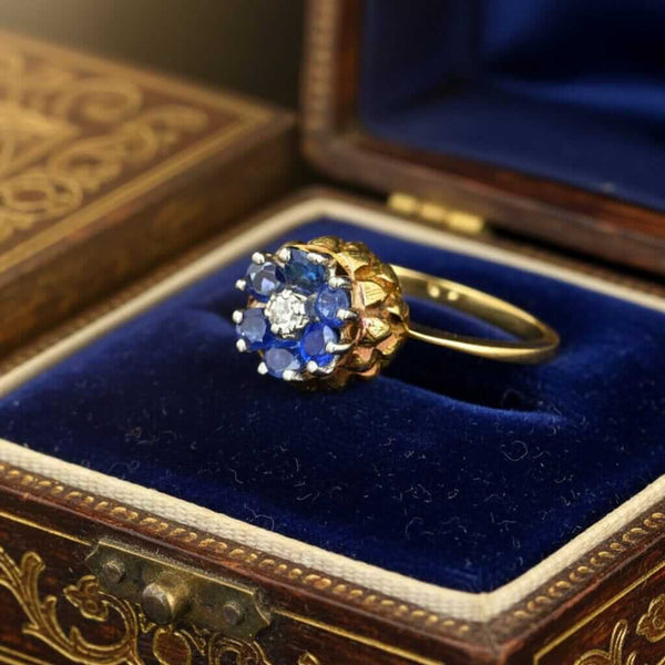 Vintage 14K Gold Sapphire Diamond Thistle Cluster Ring - Boylerpf