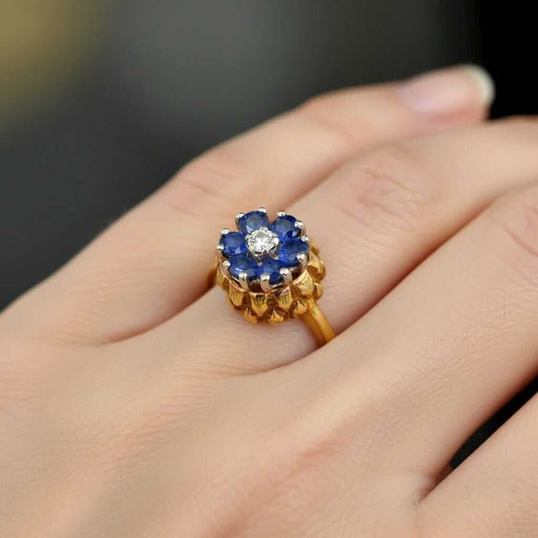 Vintage 14K Gold Sapphire Diamond Thistle Cluster Ring - Boylerpf