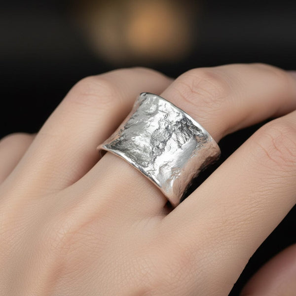 Vintage Sterling Silver Hammered Wide Band Statement Ring