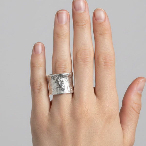 Vintage Sterling Silver Hammered Wide Band Statement Ring