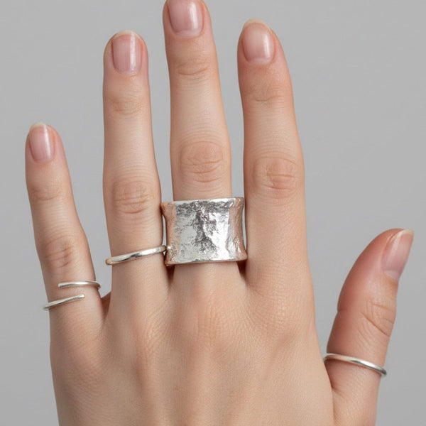 Vintage Sterling Silver Hammered Wide Band Statement Ring