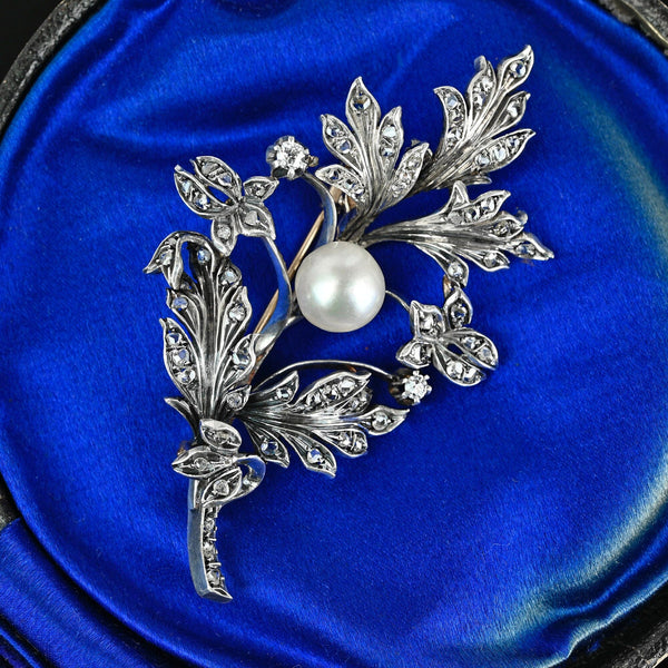 Large Antique French 18K Gold Pearl Diamond Brooch - Boylerpf