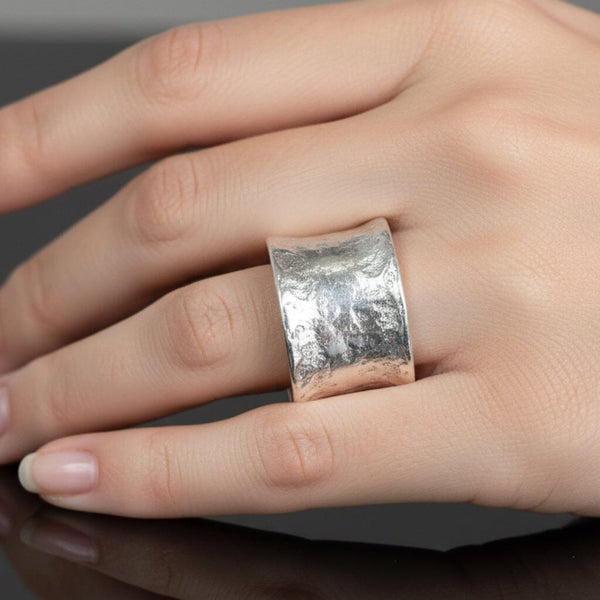 Vintage Sterling Silver Hammered Wide Band Statement Ring