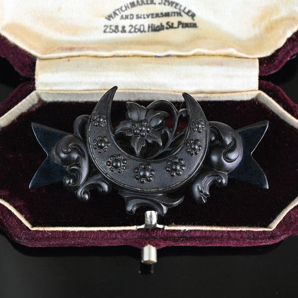 Antique Bog Oak Forget Me Not Floral Crescent Moon Brooch - Boylerpf