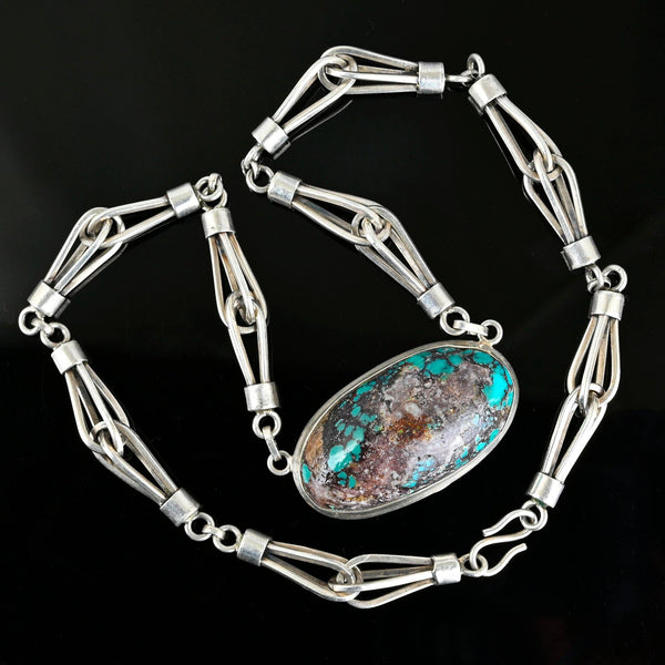 Heavy Arts & Crafts Style Silver Turquoise Necklace - Boylerpf