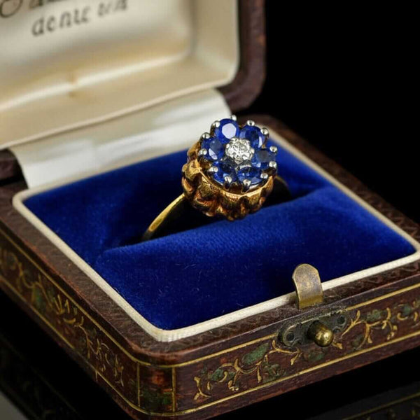 Vintage 14K Gold Sapphire Diamond Thistle Cluster Ring - Boylerpf