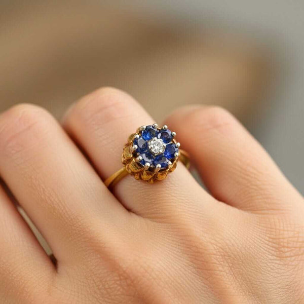 Vintage 14K Gold Sapphire Diamond Thistle Cluster Ring - Boylerpf