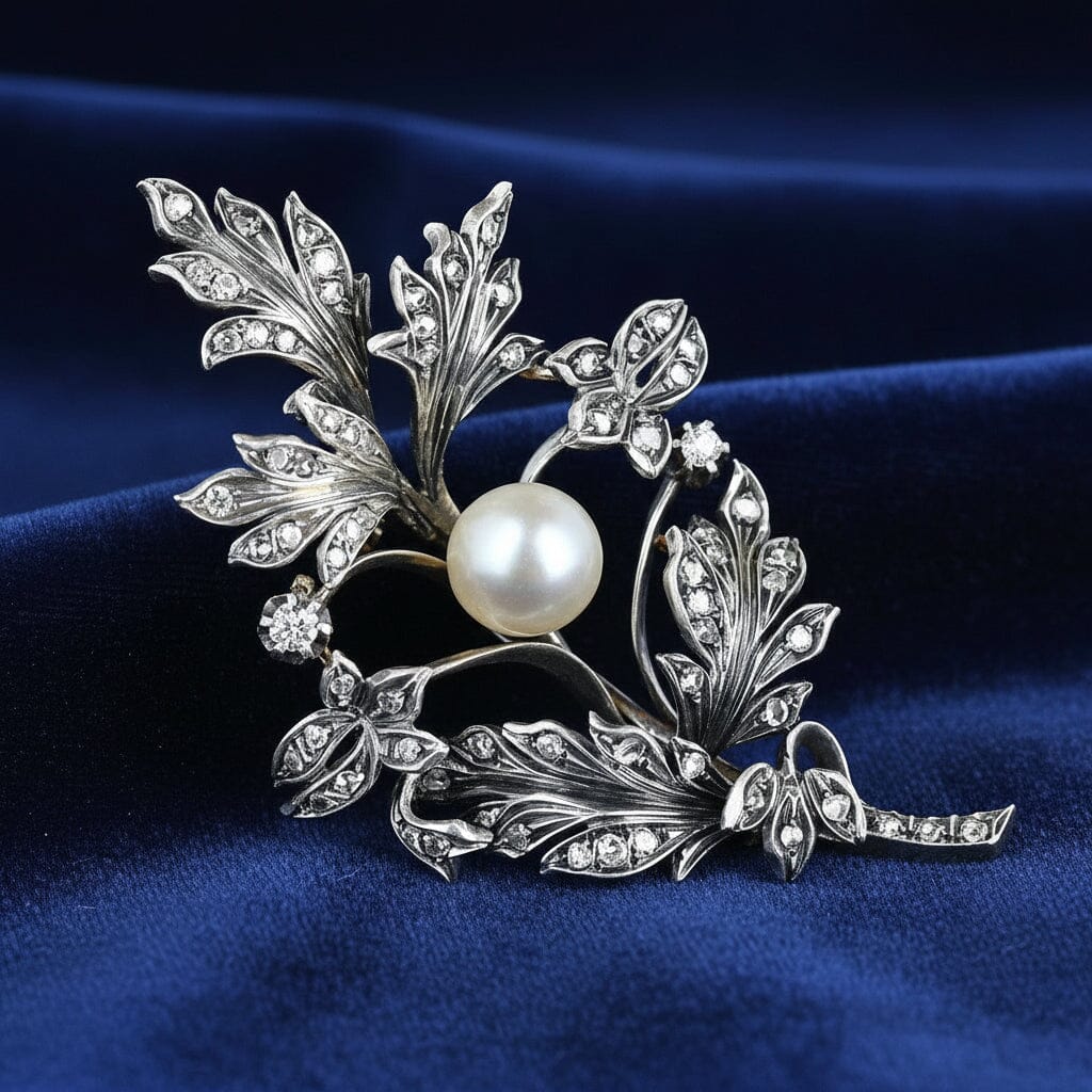 Large Antique French 18K Gold Pearl Diamond Brooch