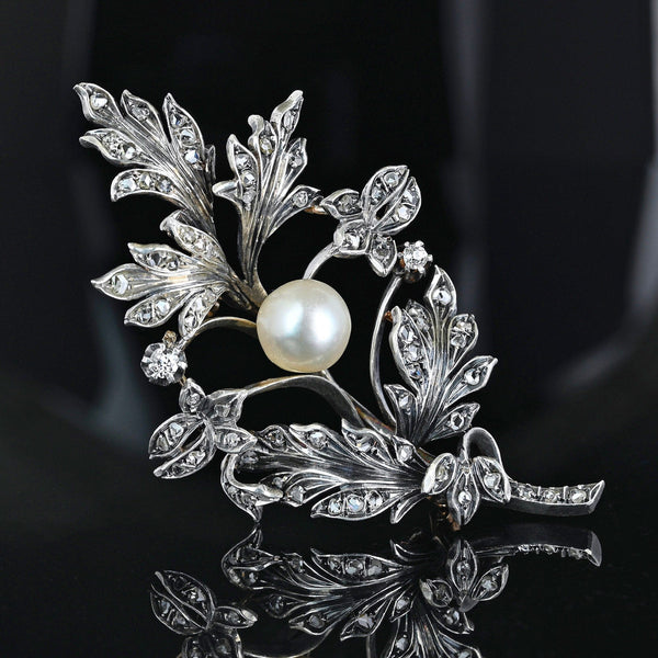 Large Antique French 18K Gold Pearl Diamond Brooch - Boylerpf