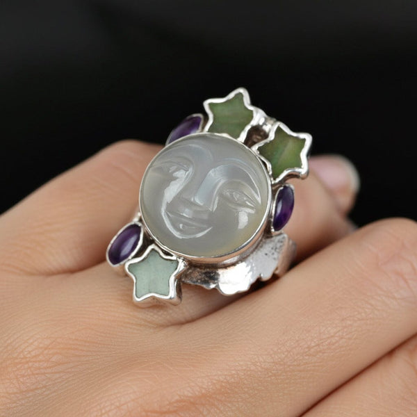 Vintage Carved Moonstone Man in the Moon Sterling Silver Ring