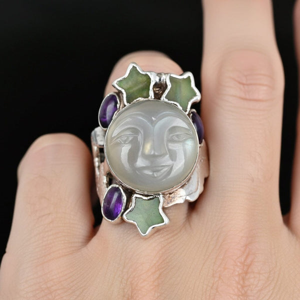 Vintage Carved Moonstone Man in the Moon Sterling Silver Ring