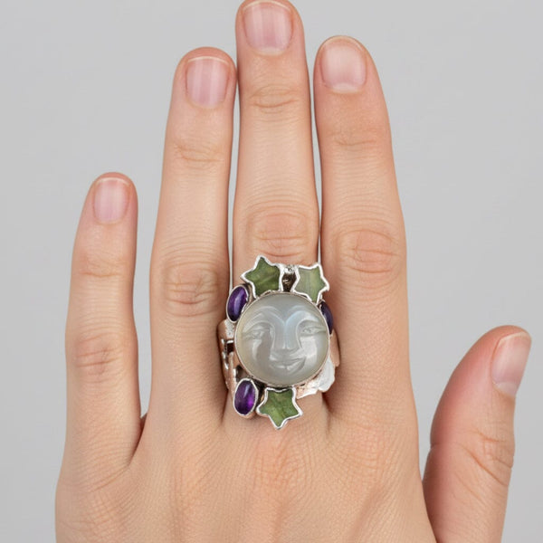 Vintage Carved Moonstone Man in the Moon Sterling Silver Ring