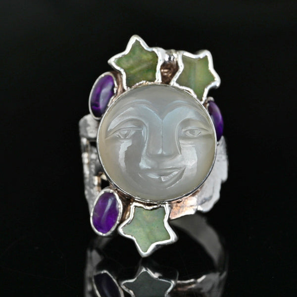 Vintage Carved Moonstone Man in the Moon Sterling Silver Ring