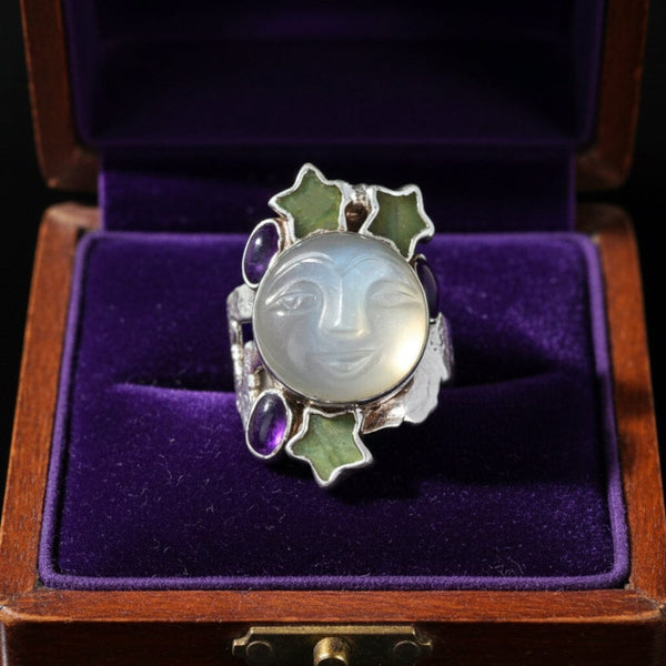 Vintage Carved Moonstone Man in the Moon Sterling Silver Ring