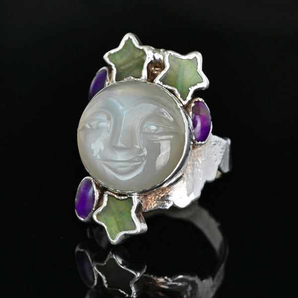 Vintage Carved Moonstone Man in the Moon Sterling Silver Ring