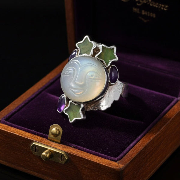 Vintage Carved Moonstone Man in the Moon Sterling Silver Ring