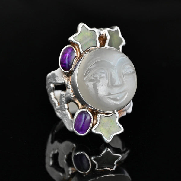 Vintage Carved Moonstone Man in the Moon Sterling Silver Ring
