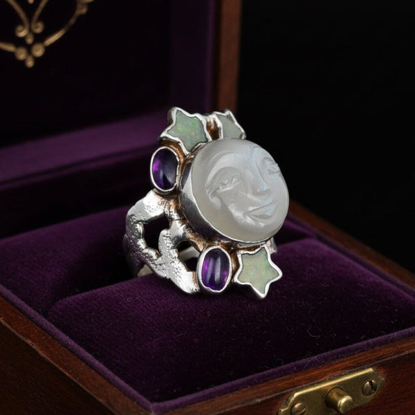 Vintage Carved Moonstone Man in the Moon Sterling Silver Ring