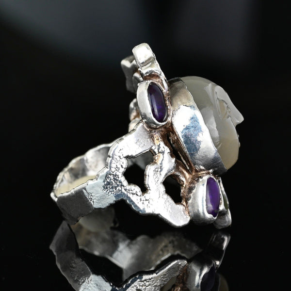 Vintage Carved Moonstone Man in the Moon Sterling Silver Ring