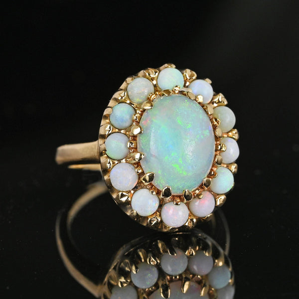 Vintage 14K Gold Opal Halo Cluster Ring - Boylerpf