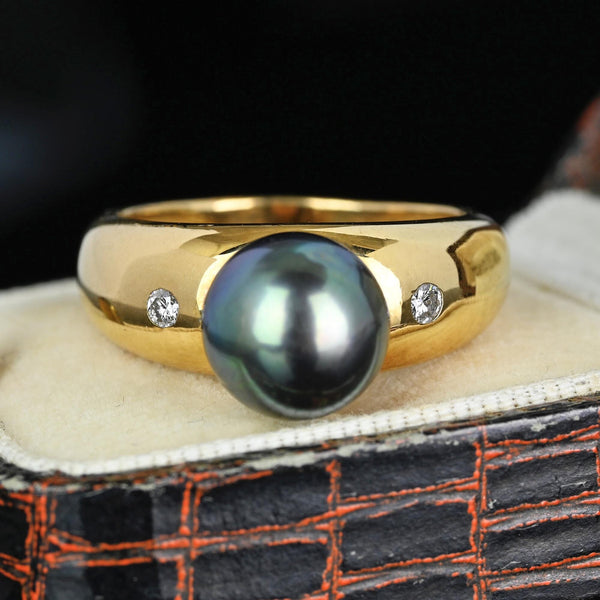 French 18K Gold Diamond Accent Tahitian Black Pearl Ring - Boylerpf