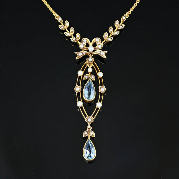 Antique Belle Epoque 15K Gold Pearl Aquamarine Necklace - Boylerpf